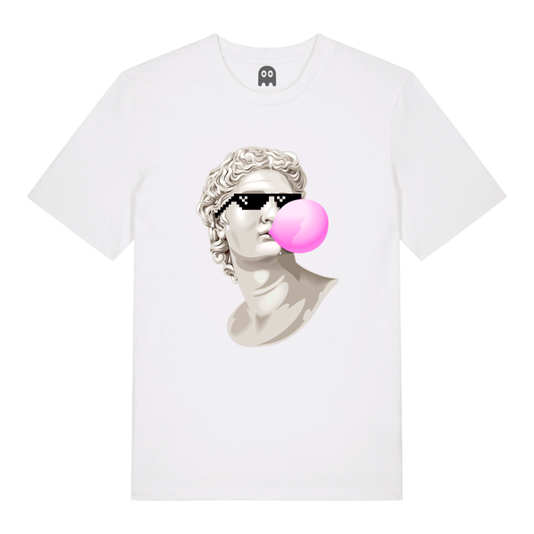 Camiseta Blanca Algodón Orgánico Estatua Mascando Chicle