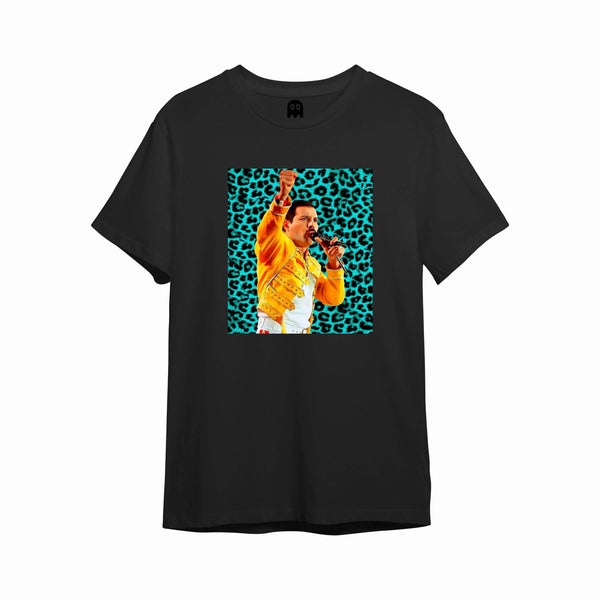 Camiseta Negra Algodón Orgánico Freddie Mercury En Fondo Azul - Julieta Jaleo